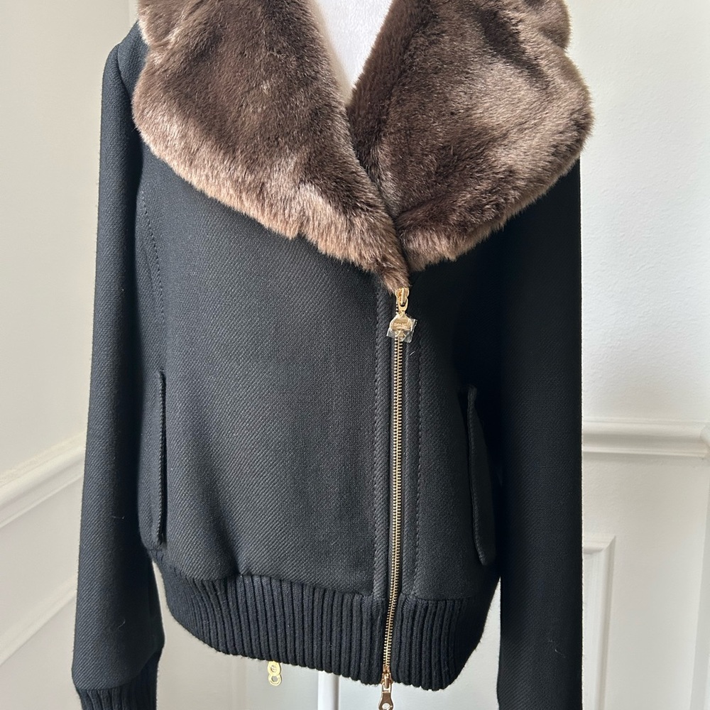 Kate Spade Black Bomber Jacket with Brown Faux Fur Collar, Size 14, NWOT - Picture 3 of 13